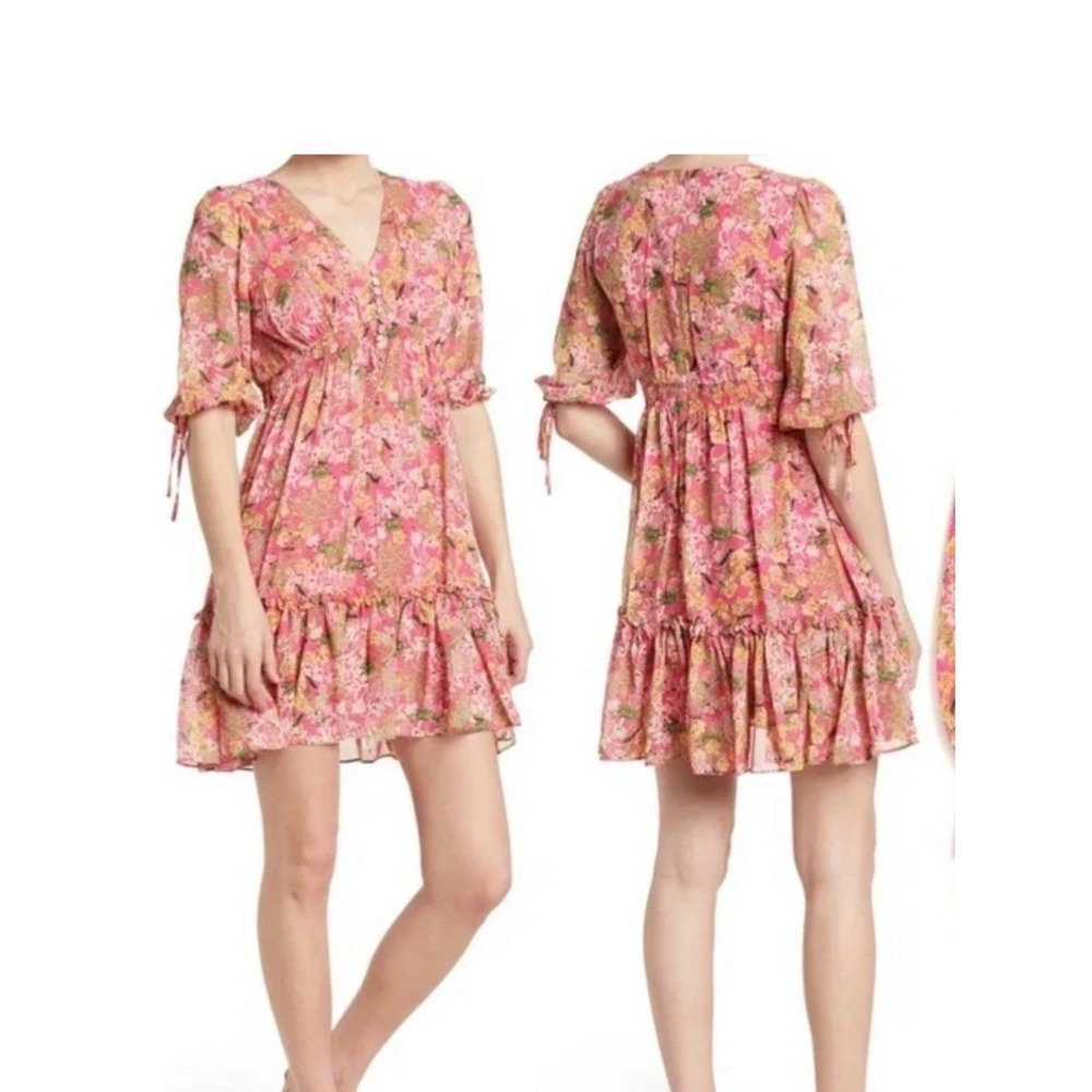 Taylor Pink Floral Chiffon Mini Dress‎ Smocked Waist Ruffle Hem Womens 10 Boho